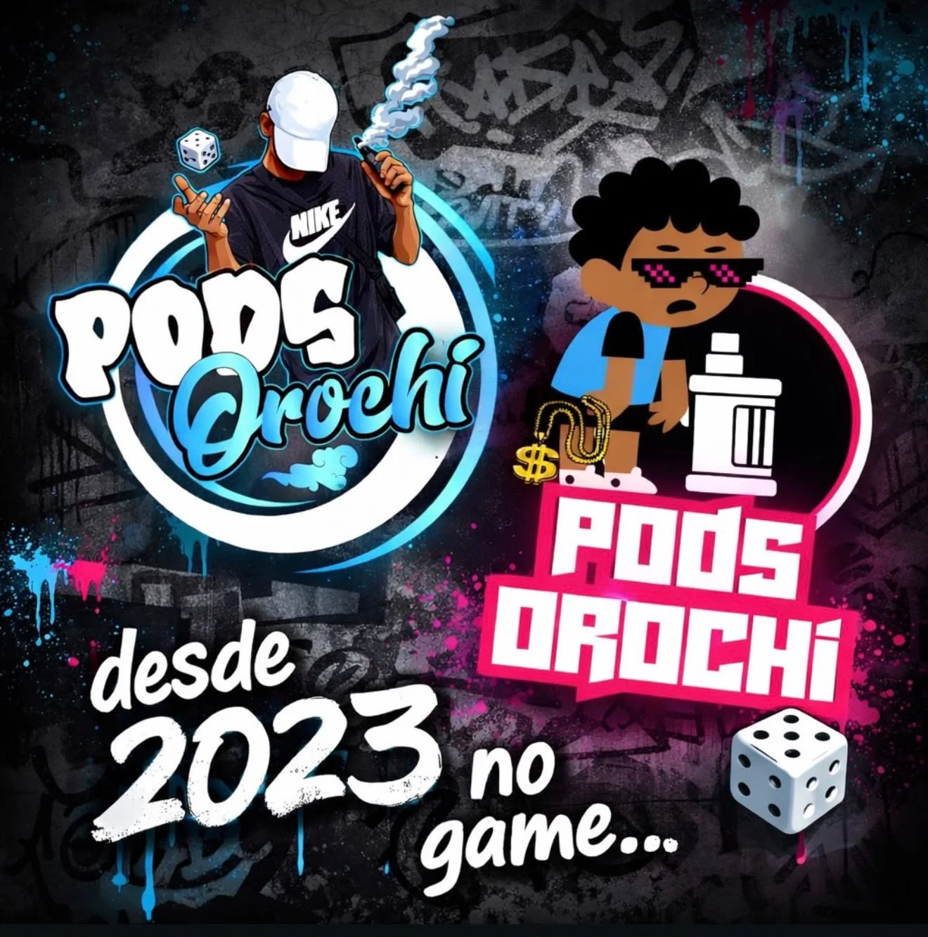 Arte oficial da Pods Orochi: a logo azul com o rapaz de boné, a logo rosa com o personagem de óculos e o dado, e a frase desde 2023 no game